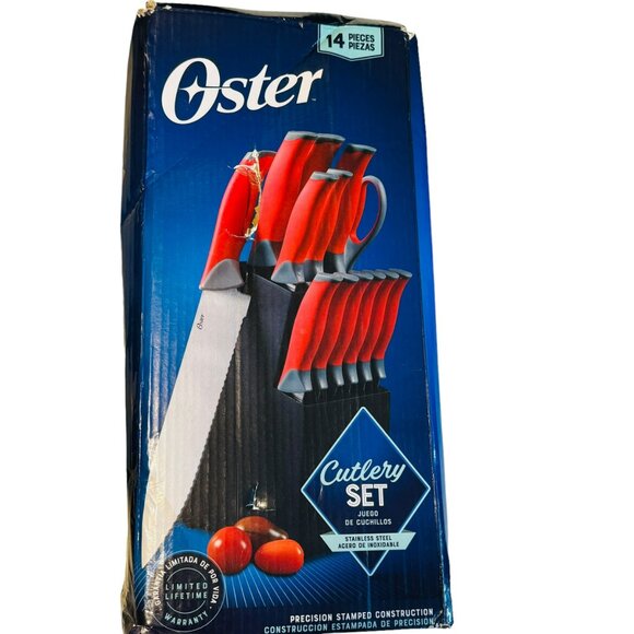 Oster 14-Piece Stainless Steel Cutlery Set With Red Handles & Wood Block - Picture 4 of 8